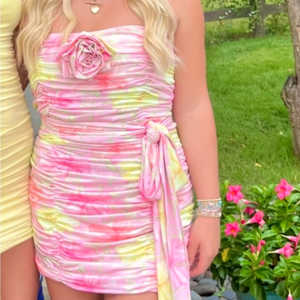 Pink and Yellow Strapless Dress with Floral Detail